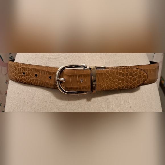 EUC Lauren Ralph Lauren Tan & Brown Croc Reversible Boho Neutral Belt SZ 36in